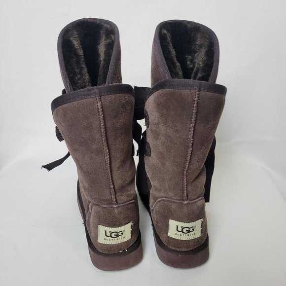 UGG Australia Brown Ribbon Lace Up Sheepskin Wool Boots Womens Size W7 - Picture 4 of 7